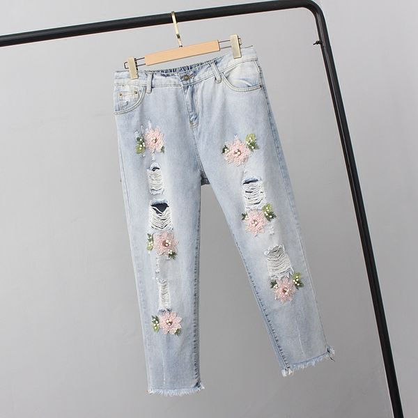 

2019 women elegant denim pencil skinny jeans female fashion plus size floral crochet hollow-out jeans fashion harlem capris, Blue