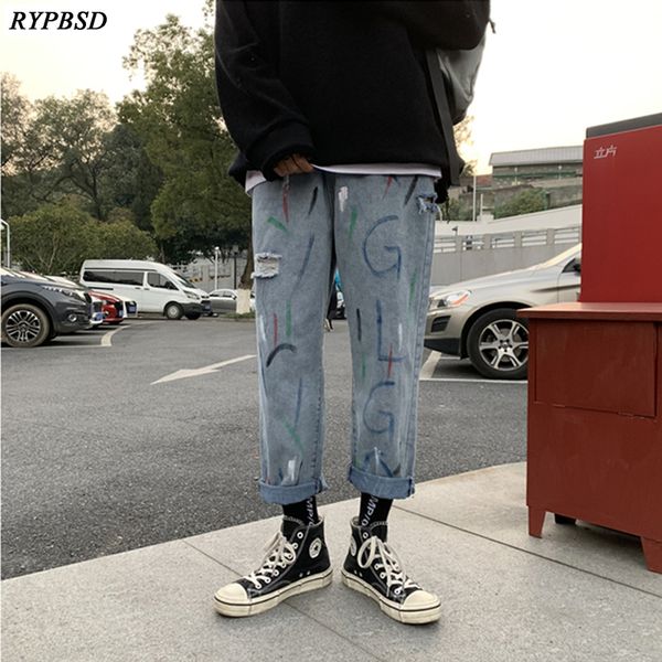 

2020 new hip hop hole trousers korean fashion casual ripped jeans for men tide brand loose straight streetwear denim pants men, Blue