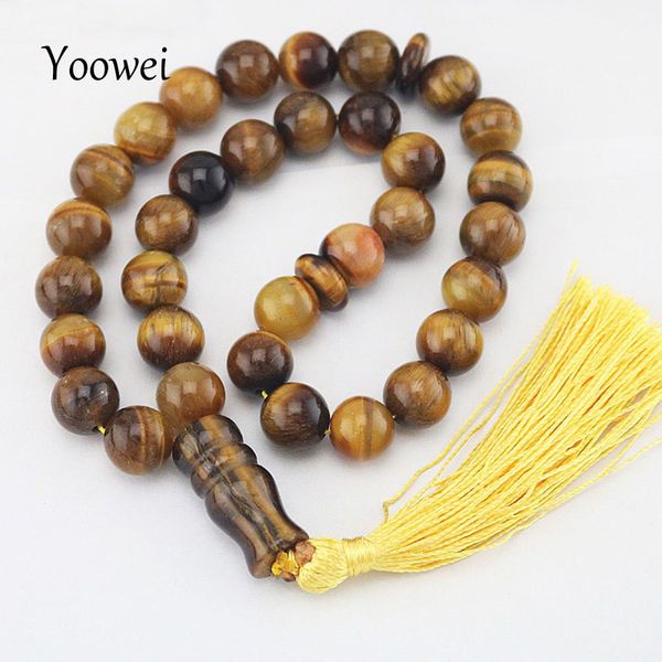 

yoowei 12mm tiger eye natural stone bracelet tassel pendant 33 prayer beads islamic muslim tasbih mohammed rosary bracelet, Golden;silver