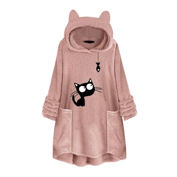

women fleece embroidery cat ear hooded sweatshirts plus size m-5xl female hoodie wtih pocket hoodies pullover mit kapuze, Black