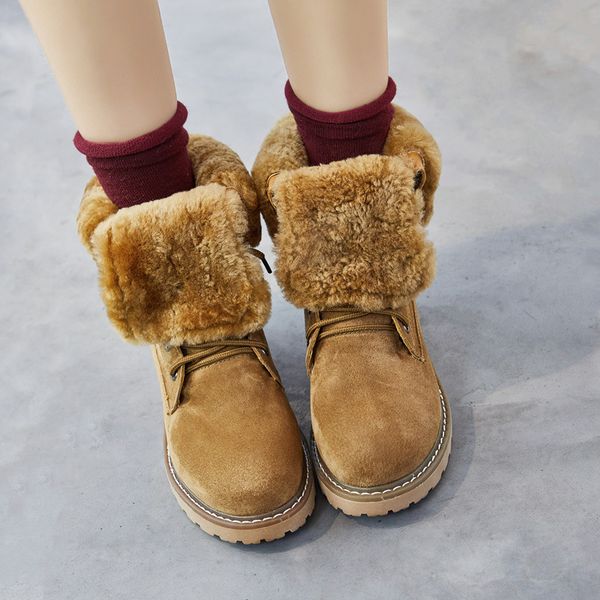 

winter new retro thick heel snow boots women soft bottom pigskin lace-up warm mid-calf short martin booties 3 color large size 35-40, Black