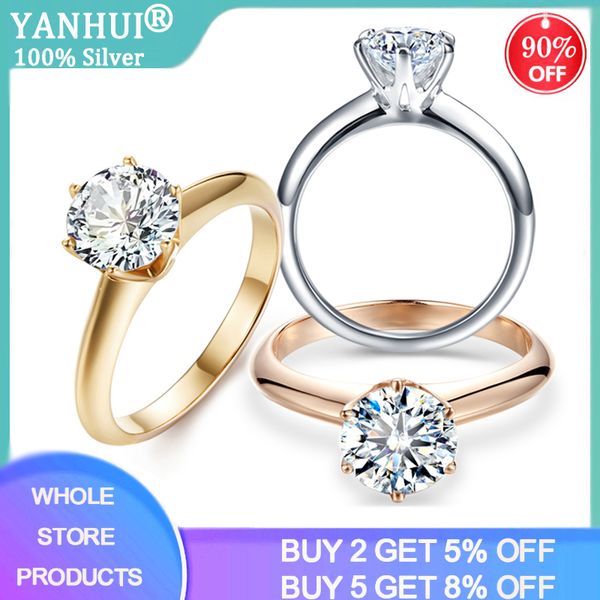 

cluster rings yanhui brand classic pure solid white/yellow/rose gold ring original 8mm 2.0ct zirconia diamond wedding band for women, Golden;silver