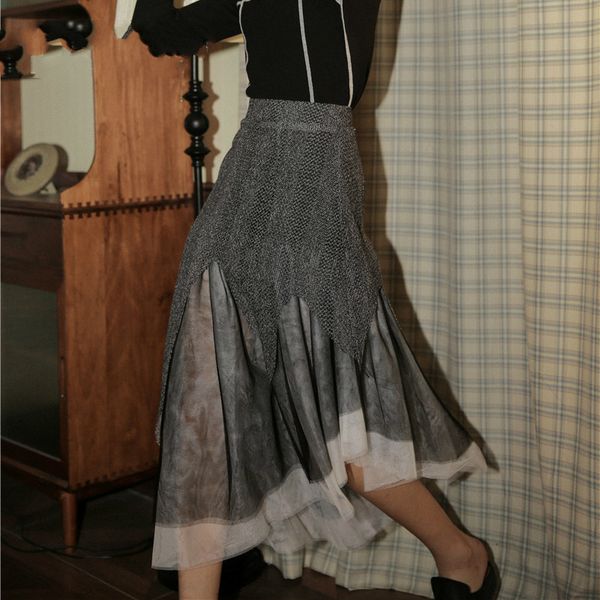 

2020 long mesh midi skirt women grey patchwork tiered asymmetrical skirt high waist designer high fashion p017, Black