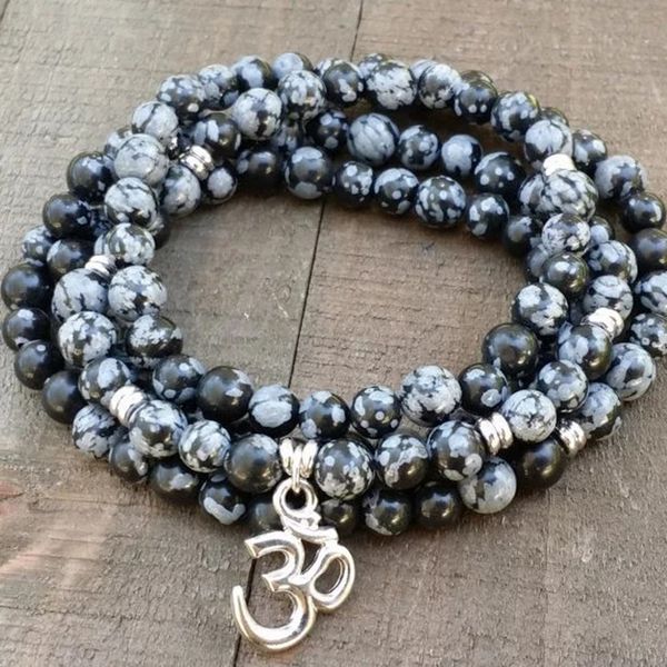 

8mm snowflake obsidian mala om necklace stretch wrap bracelet meditation yoga energy 108 beads bracelet, Golden;silver