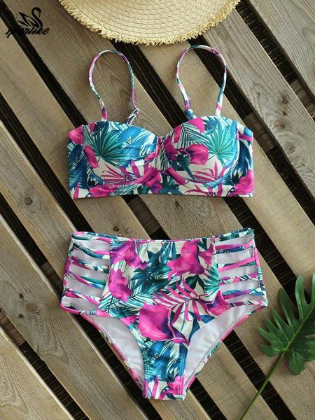 

bikinis women swimsuit 2020 high waist biquini set leaves printed bathing suits beachwear lace up swimwear
