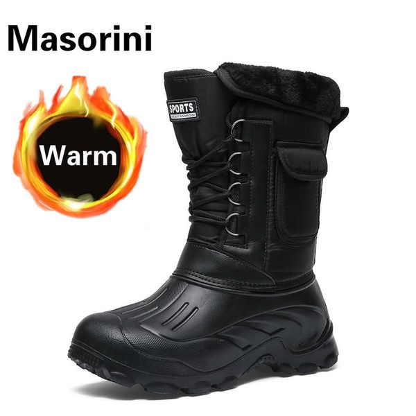 

2019 winter men boots with fur warm plush mid-calf snow boots men casual work fishing rain shoes waterproof camouflage footwear, Black