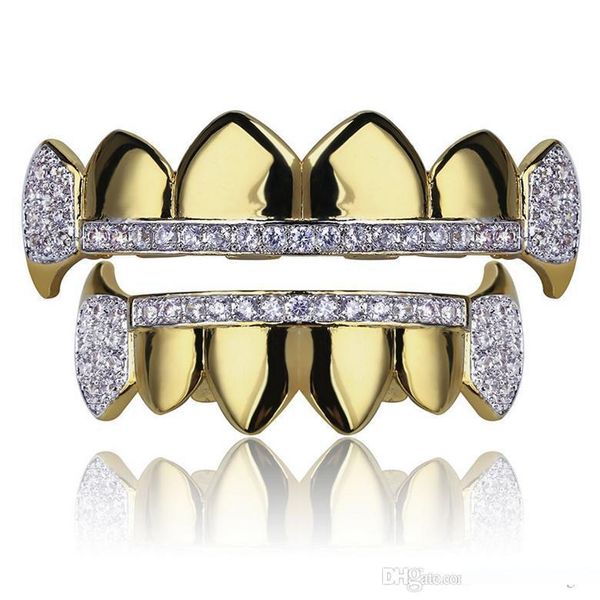 

hip hop dental grills gold grillz jewelry 2019 fashion exquisite glaring zircon 18k gold plated teeth braces 2-piece set, Black