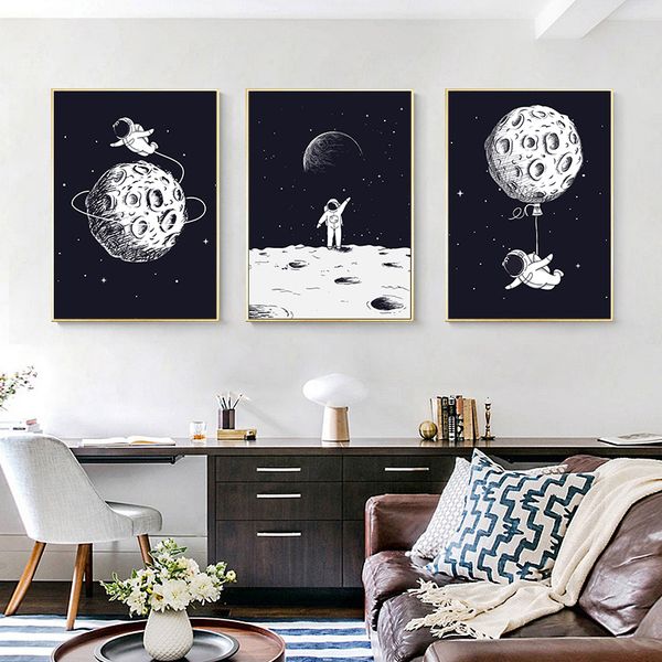 

poster black and white cartoon astronaut on the moon canvas painting nordic style wall art picture print for living room home de