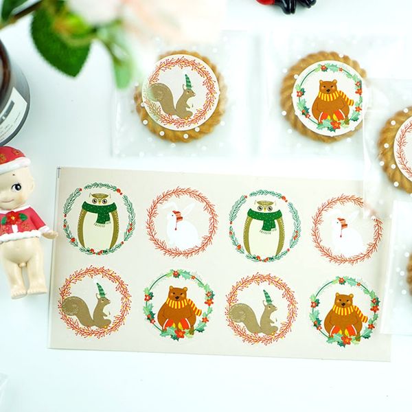 

80pcs 10sheets round bear squirrel owl christmas packaging sealing label kraft sticker baking diy gift stickers