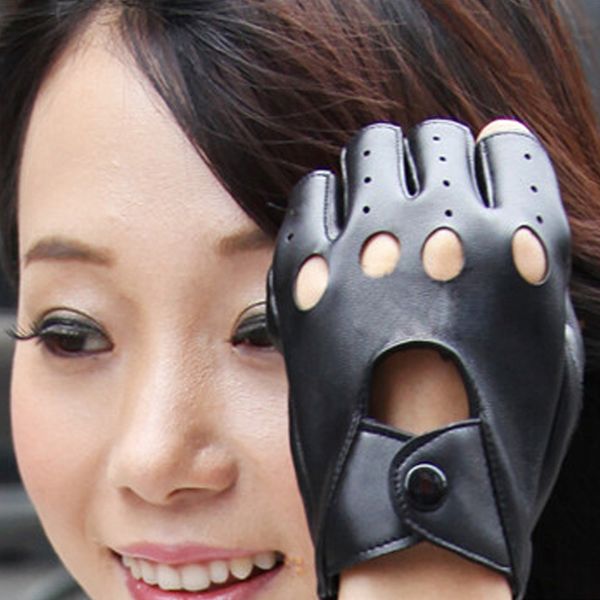 

fashion-2018 fashion women' half finger gloves female pu leather fingerless driving mittens cut out street style glove, Blue;gray
