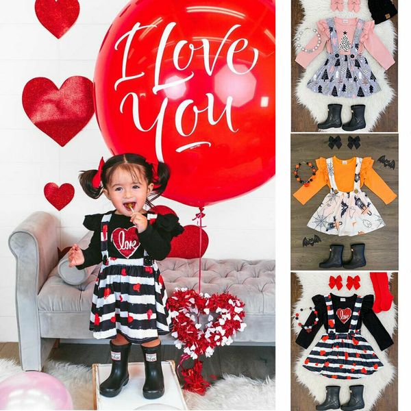 

2019 lovely toddler baby girls clothes sets halloween print strap dress party clothes 0-5y, White