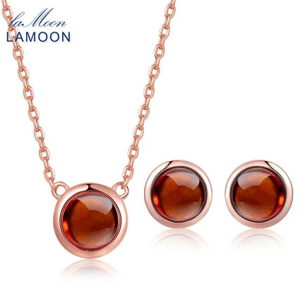 

lamoon 6mm 1.2ct 100% natural round orange red garnet 925 sterling silver jewelry s925 jewelry set v034-2, Black