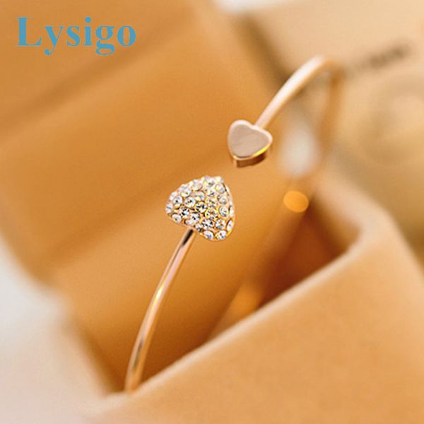 

lysigo 2019new fashion adjustable crystal double heart bow bilezik cuff opening bracelet for women jewelry gift mujer pulseras, Black