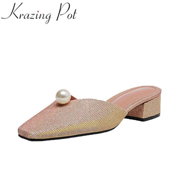 

krazing pot special cloth shiny women shoes square toe med heels slip on mules pearl korean streetwear mature summer pumps l09, Black