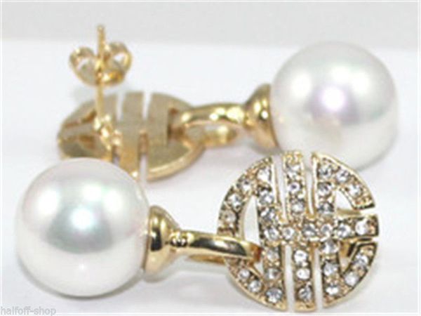 

huge 12mm gold round south sea shell pearl dangle earring f54g, Silver