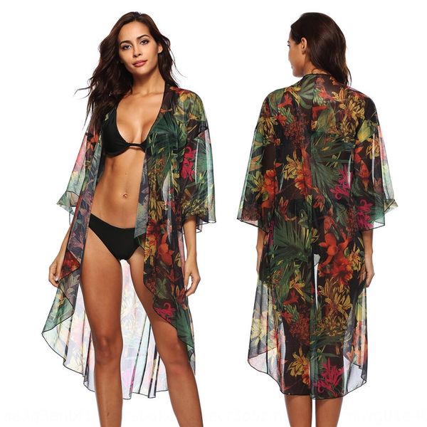 

wind series chiffon printed v-neck midi cardigan beach clothes sunscreen clothes outer fitting sunscreen bikini bikini, White;black
