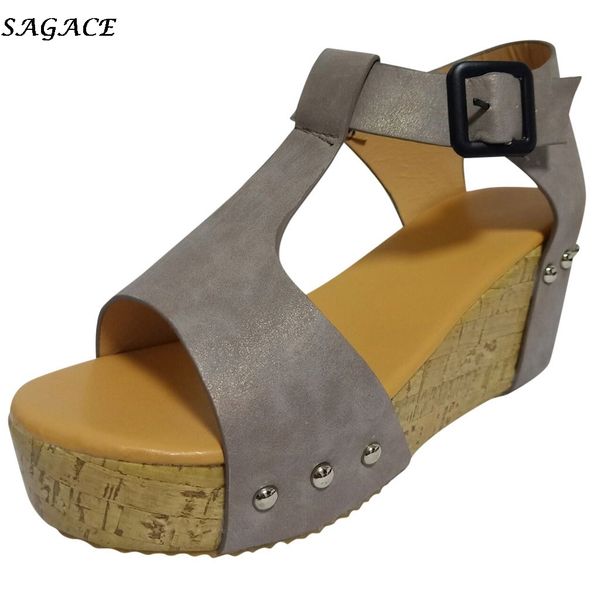 

sagace 2020 fashion womens open toe breathable beach sandals buckle strap casual wedges shoes european style sloping heel, Black
