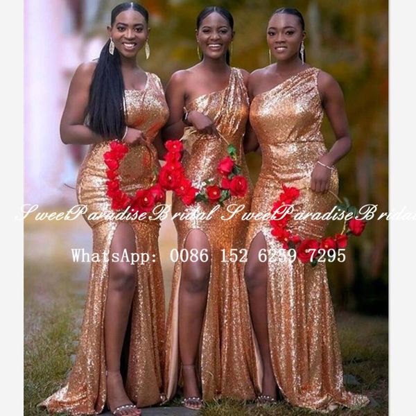 

2020 sequined mermaid one shoulder bridesmaid dresses side split african women vestidos long wedding party dress foraml, White;pink