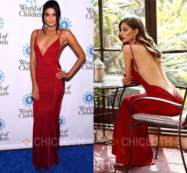 

dark red long mermaid prom dresses 2019 spaghetti straps deep v neck pleats backless floor length formal dress special occasion gowns, Black