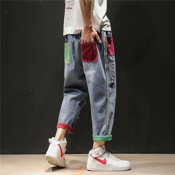 

men's japanese loose jeans men's tide brand spring and summer ankle length pants streetwear denim straight pants, Blue