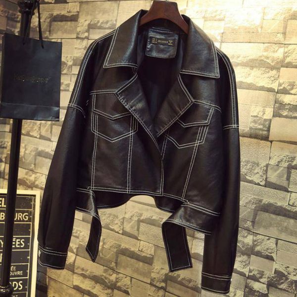 

women harajuku loose faux leatherjacket female clothes short coat, Black