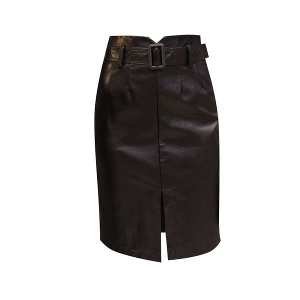 

2019 office lady elegant midi skirts high waist artificial leather pu straight skirt with belt black female split skirt