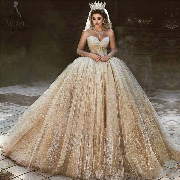 Vestidos De Casamento de Ouro Árabe Dubai 2020 Lantejoulas Princesa vestido de Baile Vestidos de Casamento Real Querida Neck Mangas Vestidos de Noiva Brilhante
