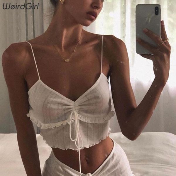 

women v-neck tank show navel solid soft knitted fabric summer 2020 female tie up vest crop basic slim girl top, White