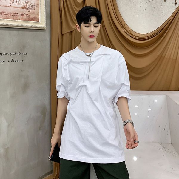 

ewq / мужская одежда 2020 лето сплошной цвет нерегулярные складки дизайн свободные мужские футболки с коротким рукавом тройник свободные при, White;black