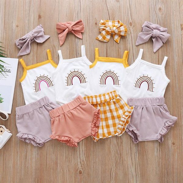 

2020 infant baby girl boy cotton clothes 0-24m 4 colors 3pcs summer outfits baby ruffle sleeveless romper +high waist shorts, White