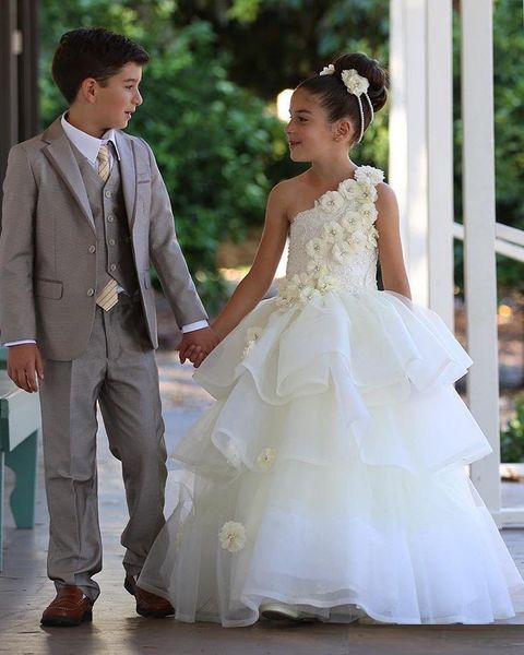 

одно плечо кружева цветочные платья для девочек для свадеб длинные хрустальные многоуровневые оборки маленькая девочка театрализованное плат, White;blue