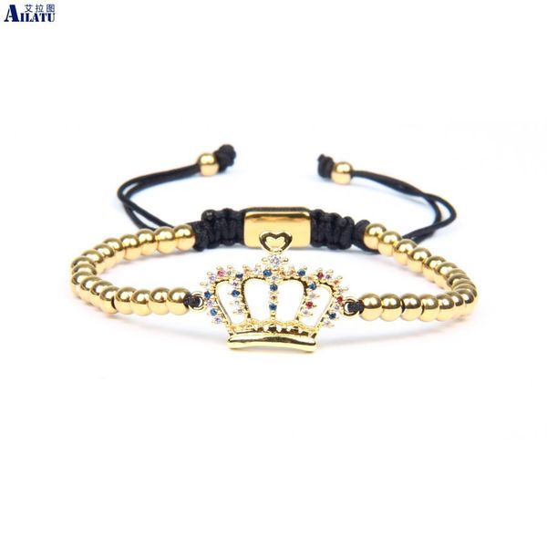 

ailatu new design multicolor cz crown braiding bracelet with 4mm stainless steel beads and beads, not fade, Golden;silver