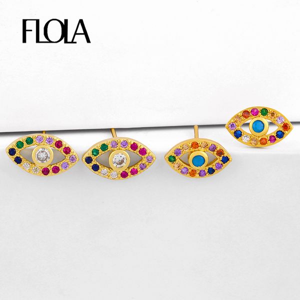 

flola multicolor evil eye earrings for women small crystal stud earrings greek eye cz rainbow zircon jewelry olho grego erst25, Golden;silver