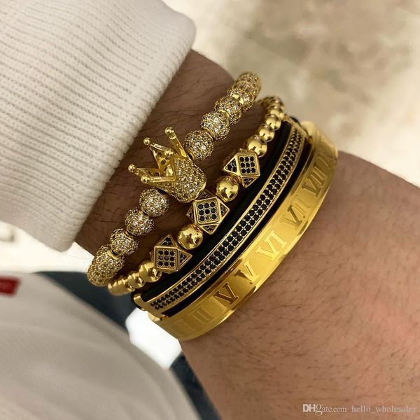 

4pcs/set classical handmade braiding bracelet gold hip hop men pave cz zircon crown roman numeral bracelet luxury jewelry, Black