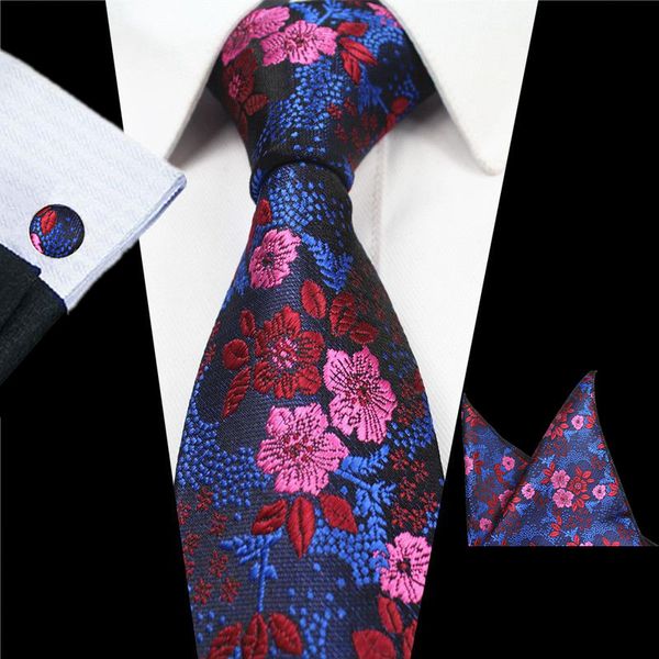 RBOCOTT Neue Designs Mode Floral Krawatten 7 cm Herren Krawatte Seide Jacquard Krawatten Einstecktuch Manschettenknöpfe Set für Hochzeit Party Anzug