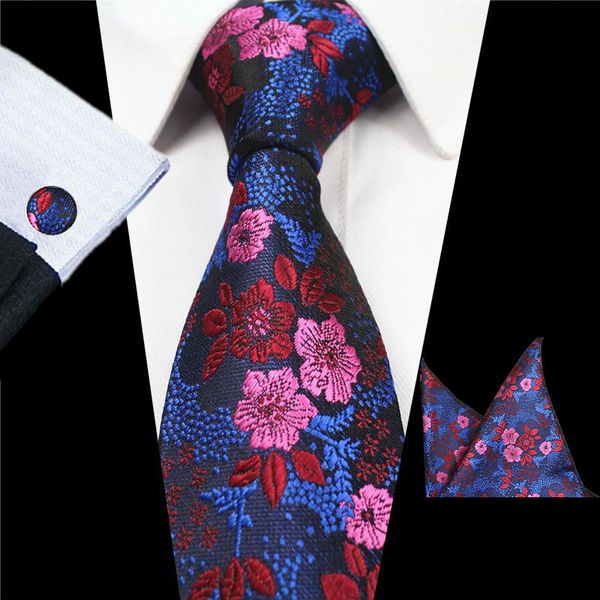 

rbocott new designs fashion floral ties 7cm mens tie silk jacquard neck ties pocket square cufflinks set for wedding party suit, Blue;purple