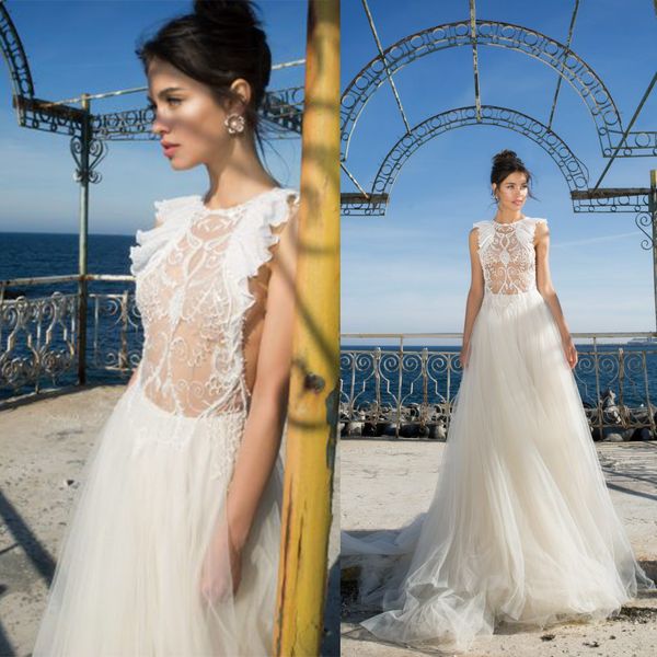 

julie vino a line wedding dress ruffles appliques backless tulle wedding dresses sweep train boho bridal gowns, White