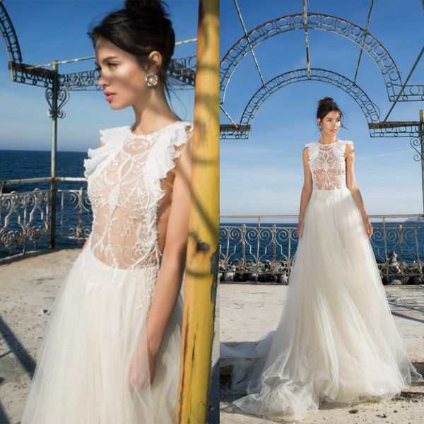 Julie Vino A Line Wedding Dress Ruffles apliques Backless vestidos de casamento Tulle Sweep Trem Boho vestidos de noiva