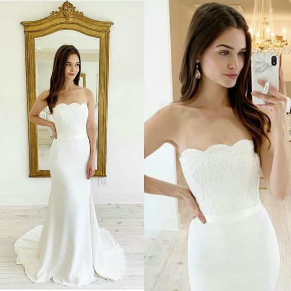 

simple lace mermaid wedding dresses strapless appliques satin sweep train wedding dress bridal gowns abiti sposa semplici vestidos, White