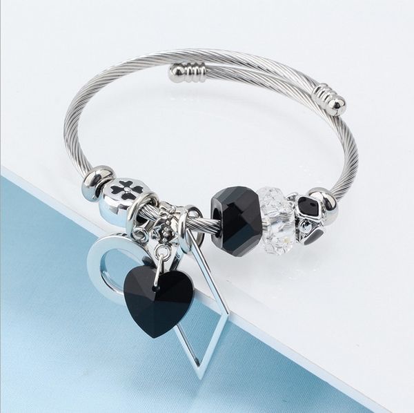 

heart shape pendant beads adjustable titanium stainless steel bracelets&bangles with crystal glaze charm beads for women diy jewelry, Black