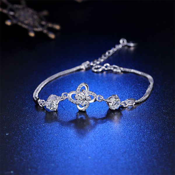 

fashion women crystal bracelets 925 sterling silver shiny cz stones austrian lady flower bangles wedding jewelry gift, Golden;silver