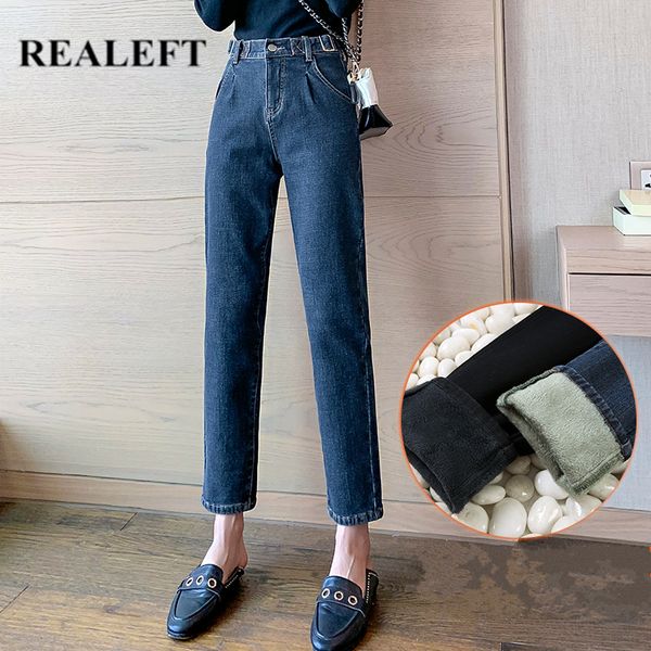 

realeft осень зима теплый толстые женские джинсы высокой талией прямые джинсы штаны женщин офис леди повседневные брюки женщины 2019 новый, Blue