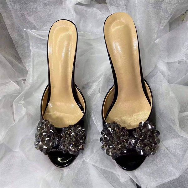 

slippers rhinestone decorative bow ladies high heels black gold round toe summer party