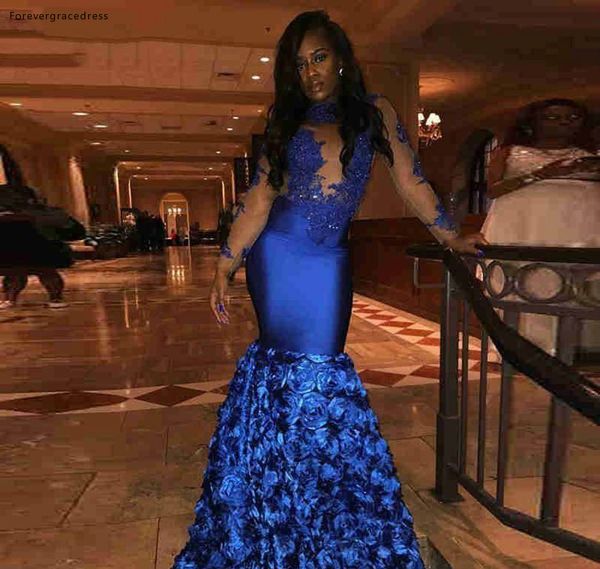 

royal blue long sleeves prom dresses 2019 african black girls mermaid pageant holidays graduation wear formal evening party gown, White;black