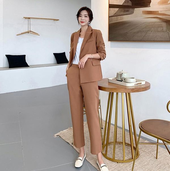 

elegant women pant suits one-button blazer jacket & ankle-length pants workwear female suits 2 pieces set 2020 spring, White;black