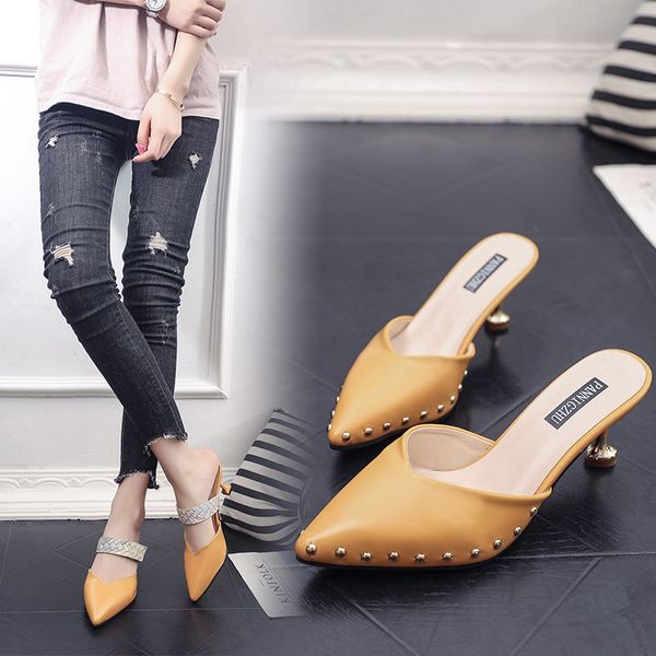 

pointed toe rivet slippers casual shoes slipers women slides med thin heels luxury summer 2019 cover rubber basic metal, Black