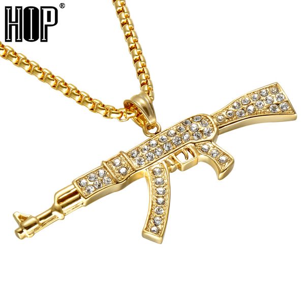 

hip hop iced out full rhinestone csgo cs go ak47 gun pendant necklaces bling gold color stainless steel necklace for men jewelry, Silver