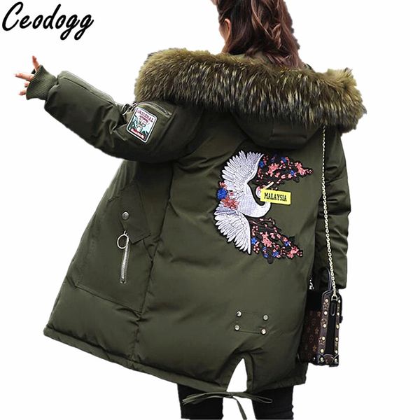 

new fashion womens winter jacket 2018 ladies coat long parka hooded fur warm outwear embroidery parkas womens, Black