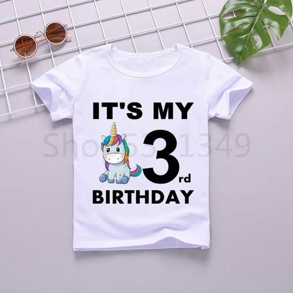 

boys girls cute cartoon unicorn funny birthday t-shirt print kids birthday clothes children clothing party tee shirts, Blue