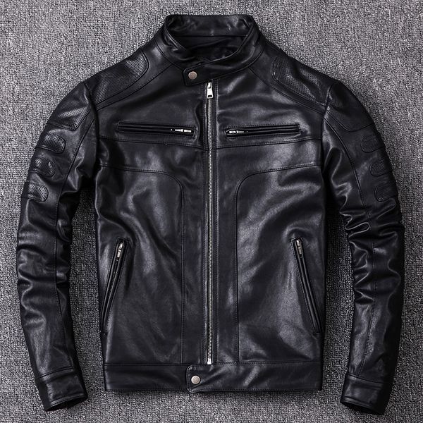 

2020 new washed vegetable tanned sheepskin genuine leather jacket men youth slim motorcycle clothing stand collar leather coat, Black